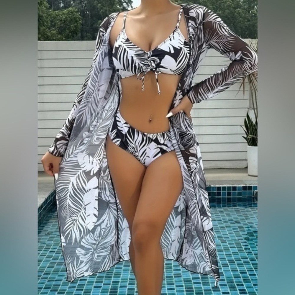 3-Piece Tropical Print Swimsuit Set